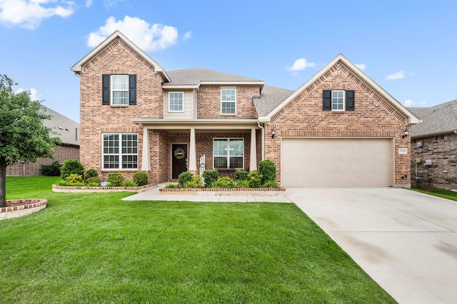 1120 Pinnacle Ridge Rd, Fort Worth, TX 76052 - view of front facade with brick siding, driveway, a front yard, a shingled roof, and an attached garage