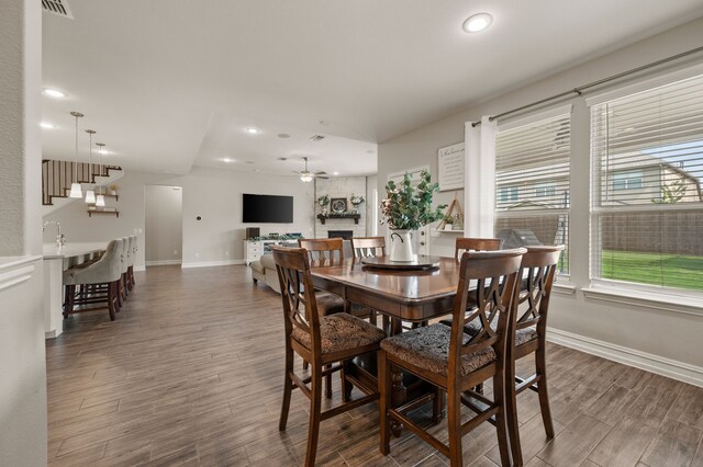 1120 Pinnacle Ridge Rd, Fort Worth, TX 76052 - dining room featuring stairs, baseboards, wood finished floors, recessed lighting, and ceiling fan