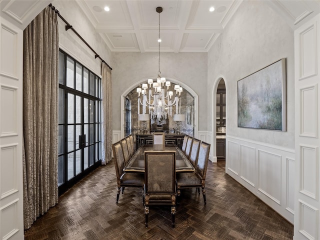4905 Reserve Ct, Parker, TX 75002 - dining space featuring a chandelier, arched walkways, coffered ceiling, beamed ceiling, and a decorative wall