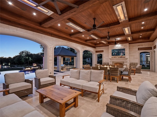 4905 Reserve Ct, Parker, TX 75002 - view of patio / terrace with an outdoor living space with a fireplace, a ceiling fan, outdoor dining space, and a pool