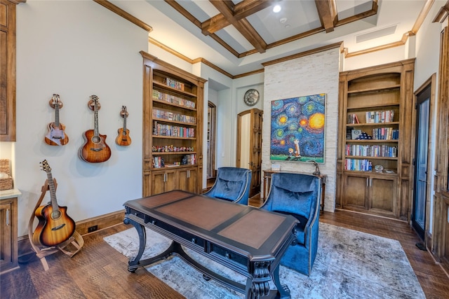 4905 Reserve Ct, Parker, TX 75002 - home office with dark wood-style flooring, beam ceiling, coffered ceiling, built in features, and crown molding