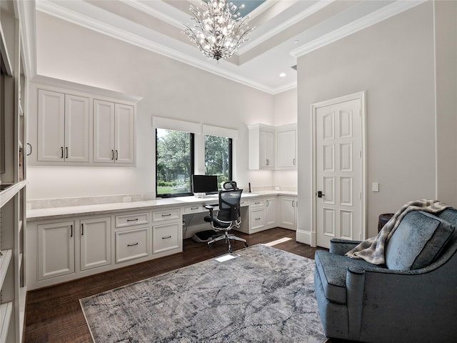4905 Reserve Ct, Parker, TX 75002 - office area featuring built in study area, ornamental molding, a chandelier, dark wood-style floors, and a towering ceiling