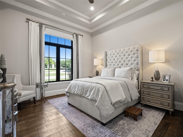 4905 Reserve Ct, Parker, TX 75002 - bedroom featuring dark wood-type flooring, baseboards, crown molding, a tray ceiling, and recessed lighting