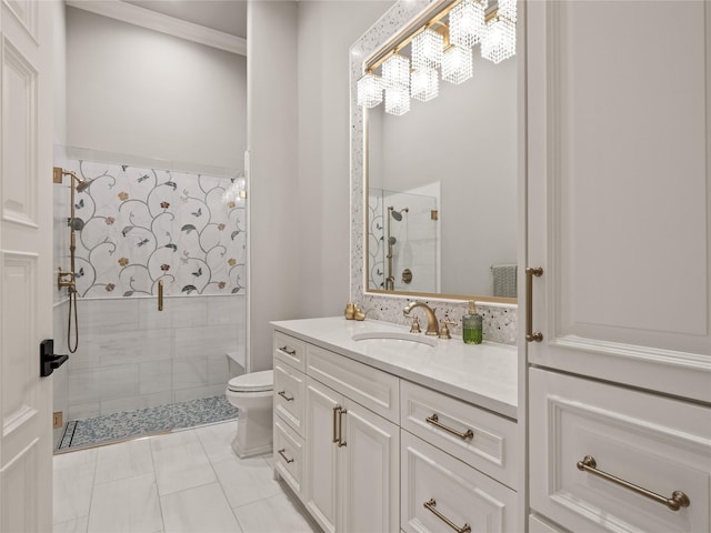 4905 Reserve Ct, Parker, TX 75002 - full bath with a stall shower, toilet, vanity, crown molding, and tile patterned floors