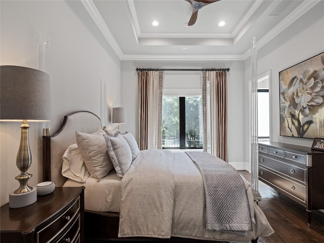 4905 Reserve Ct, Parker, TX 75002 - bedroom with a tray ceiling, dark wood-type flooring, ornamental molding, a ceiling fan, and baseboards