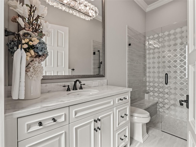 4905 Reserve Ct, Parker, TX 75002 - full bathroom with crown molding, toilet, vanity, and a stall shower
