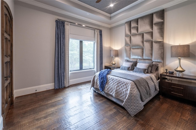 4905 Reserve Ct, Parker, TX 75002 - bedroom featuring crown molding, a tray ceiling, wood finished floors, and baseboards