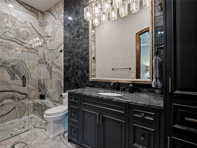 4905 Reserve Ct, Parker, TX 75002 - bathroom with tile walls, vanity, toilet, a stall shower, and marble finish floors