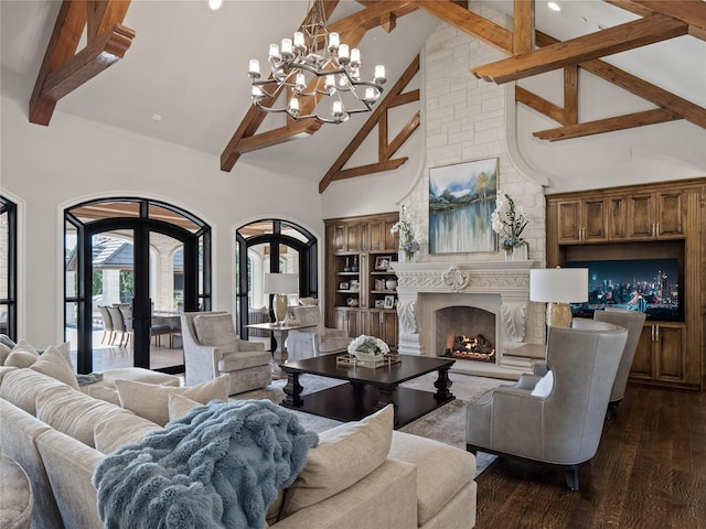 4905 Reserve Ct, Parker, TX 75002 - living area featuring high vaulted ceiling, beam ceiling, dark wood-style floors, a chandelier, and a premium fireplace