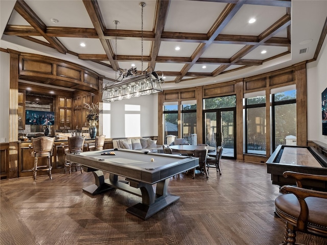 4905 Reserve Ct, Parker, TX 75002 - recreation room with billiards table, coffered ceiling, a community bar, french doors, and beam ceiling