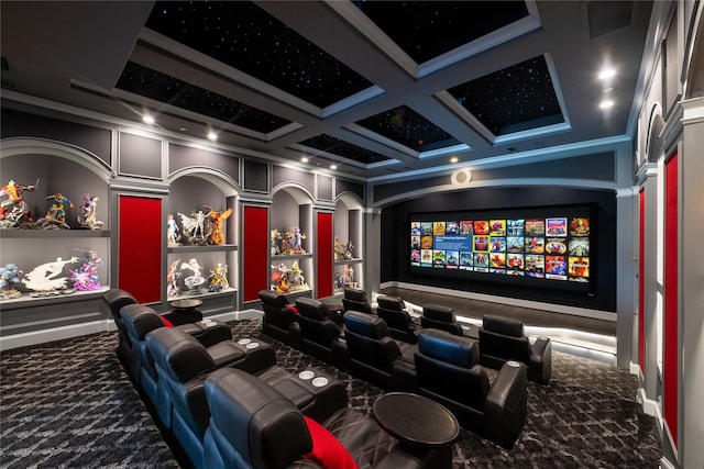 4905 Reserve Ct, Parker, TX 75002 - cinema room with carpet floors, coffered ceiling, and beamed ceiling