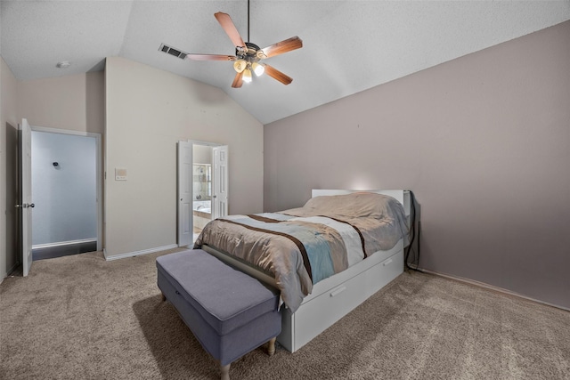 7421 Buckskin Ct, Fort Worth, TX 76137 - carpeted bedroom featuring lofted ceiling, connected bathroom, a ceiling fan, and baseboards