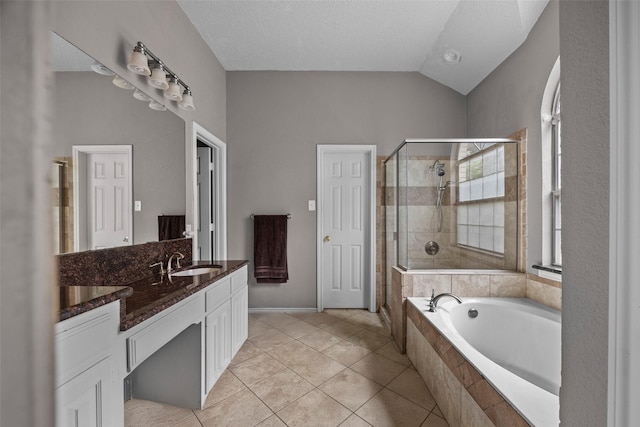 7421 Buckskin Ct, Fort Worth, TX 76137 - full bath featuring vanity, a bath, a shower stall, lofted ceiling, and tile patterned flooring