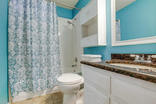 7421 Buckskin Ct, Fort Worth, TX 76137 - full bathroom with vanity, shower / tub combo with curtain, toilet, and tile patterned floors