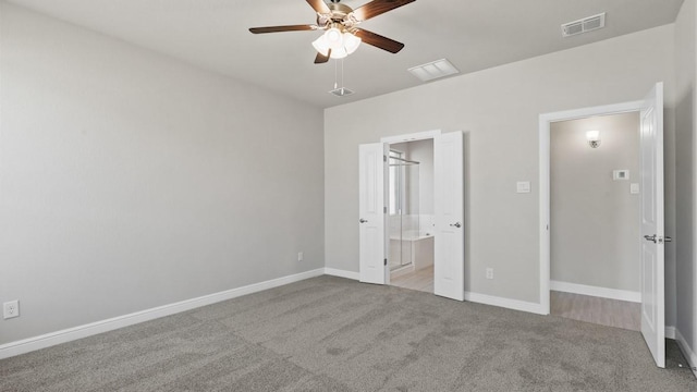 11213 Orchard Ln, Justin, TX 76247 - unfurnished bedroom with light colored carpet, baseboards, ensuite bathroom, and ceiling fan