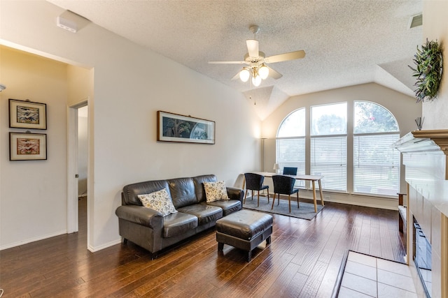2401 Loon Lake Rd, Denton, TX 76210 - living area featuring hardwood / wood-style flooring, a textured ceiling, ceiling fan, an office area, and lofted ceiling