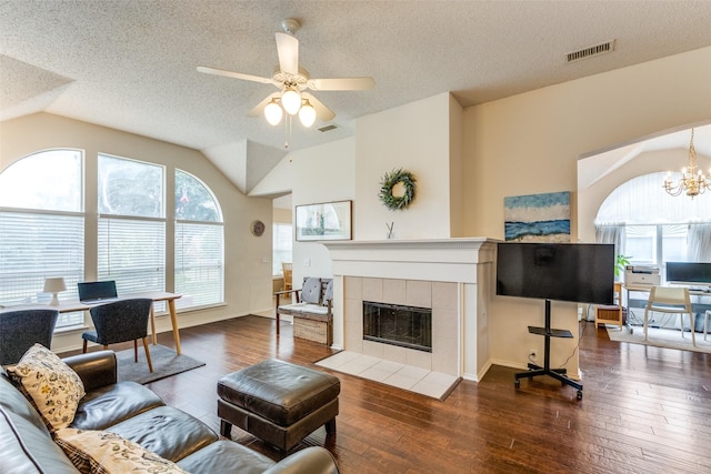 2401 Loon Lake Rd, Denton, TX 76210 - living room with an office area, healthy amount of natural light, a textured ceiling, ceiling fan, and vaulted ceiling