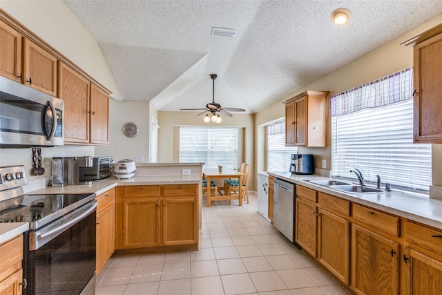 2401 Loon Lake Rd, Denton, TX 76210 - kitchen featuring appliances with stainless steel finishes, a sink, ceiling fan, light countertops, and lofted ceiling