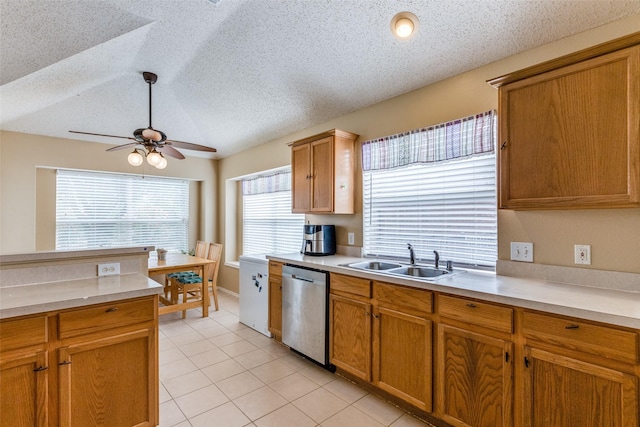 2401 Loon Lake Rd, Denton, TX 76210 - kitchen featuring dishwasher, a sink, ceiling fan, light tile patterned floors, and light countertops
