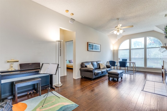 2401 Loon Lake Rd, Denton, TX 76210 - living area featuring ceiling fan, wood-type flooring, a textured ceiling, and vaulted ceiling