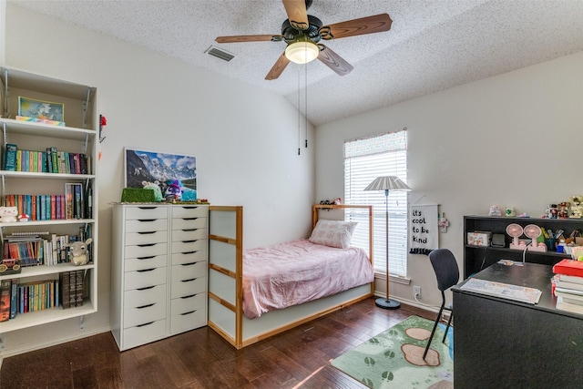 2401 Loon Lake Rd, Denton, TX 76210 - bedroom with a textured ceiling, wood finished floors, a desk, lofted ceiling, and ceiling fan