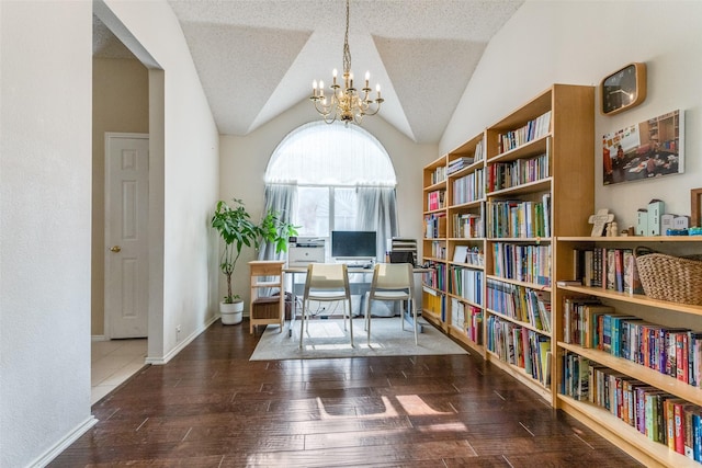2401 Loon Lake Rd, Denton, TX 76210 - office space featuring a chandelier, hardwood / wood-style flooring, bookshelves, lofted ceiling, and baseboards