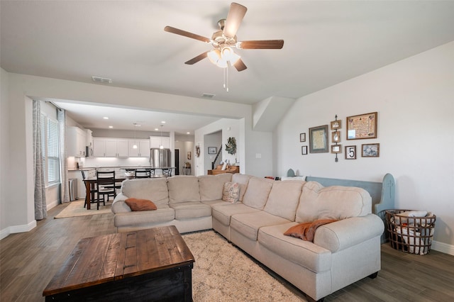 1713 Brindle St, Justin, TX 76247 - living area featuring wood finished floors, baseboards, ceiling fan, and recessed lighting