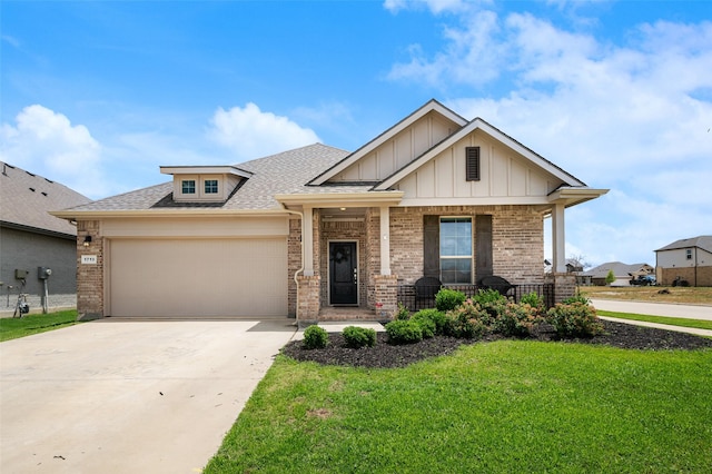 1713 Brindle St, Justin, TX 76247 - craftsman-style home with a front lawn, board and batten siding, brick siding, and a shingled roof