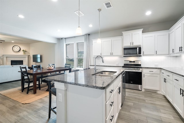 1713 Brindle St, Justin, TX 76247 - kitchen with appliances with stainless steel finishes, a sink, recessed lighting, backsplash, and a glass covered fireplace
