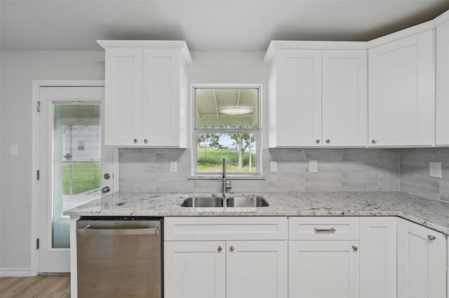 1126 Mazourka Dr, Arlington, TX 76001 - kitchen featuring stainless steel dishwasher, a sink, decorative backsplash, and white cabinets