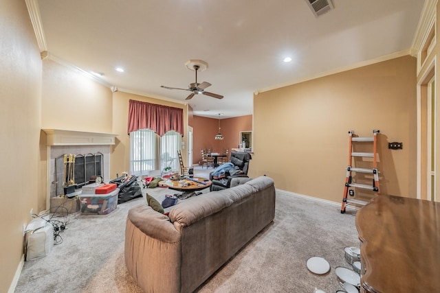 8300 Red Rose Trl, North Richland Hills, TX 76182 - living room featuring ornamental molding, carpet, ceiling fan, recessed lighting, and baseboards