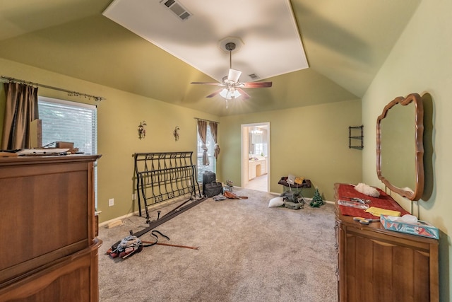8300 Red Rose Trl, North Richland Hills, TX 76182 - carpeted bedroom featuring lofted ceiling, ensuite bath, a ceiling fan, and baseboards