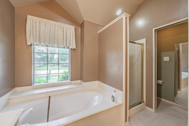 8300 Red Rose Trl, North Richland Hills, TX 76182 - full bath featuring a bath, a stall shower, tile patterned floors, and lofted ceiling