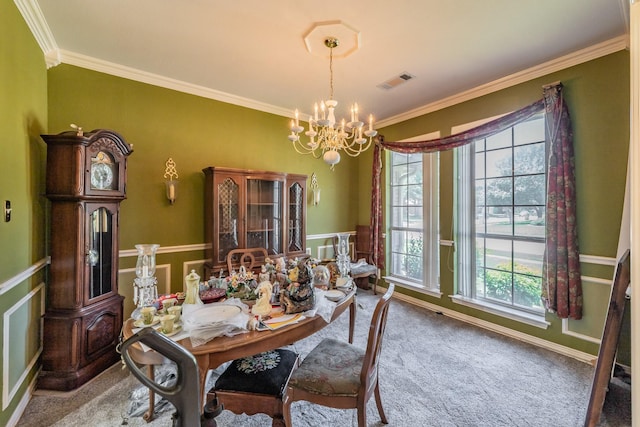 8300 Red Rose Trl, North Richland Hills, TX 76182 - carpeted dining space featuring a chandelier, crown molding, plenty of natural light, and wainscoting