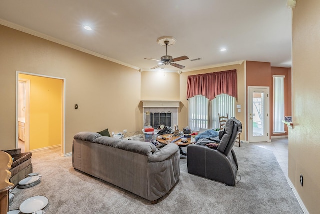 8300 Red Rose Trl, North Richland Hills, TX 76182 - living room featuring light carpet, a ceiling fan, baseboards, crown molding, and recessed lighting