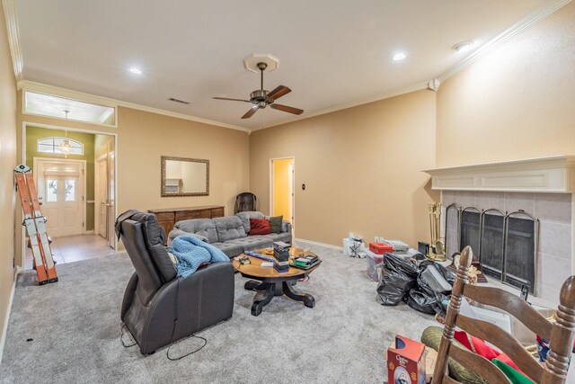 8300 Red Rose Trl, North Richland Hills, TX 76182 - carpeted living room featuring ceiling fan, ornamental molding, baseboards, a tile fireplace, and recessed lighting