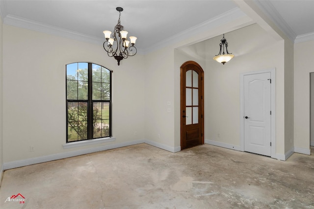 9445 N Pointe Cir, Greenwood, LA 71033 - spare room with unfinished concrete floors, crown molding, a chandelier, arched walkways, and baseboards