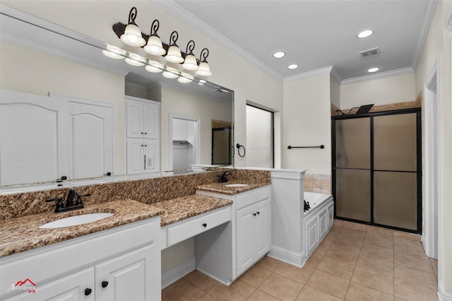 9445 N Pointe Cir, Greenwood, LA 71033 - full bathroom featuring a shower stall, crown molding, double vanity, tile patterned flooring, and a bath