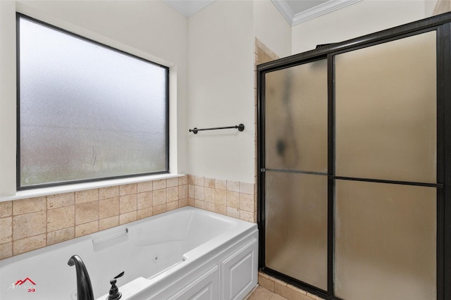 9445 N Pointe Cir, Greenwood, LA 71033 - bathroom featuring a shower stall, a tub with jets, and ornamental molding
