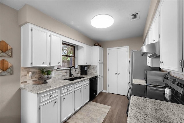 1210 Kay Dr, Weatherford, TX 76086 - kitchen featuring a sink, ventilation hood, dishwasher, stainless steel range with electric cooktop, and backsplash