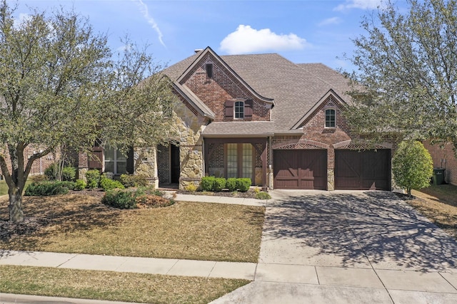 4211 Wilson Creek Trl, Prosper, TX 75078 - view of front facade with driveway, stone siding, brick siding, and a shingled roof