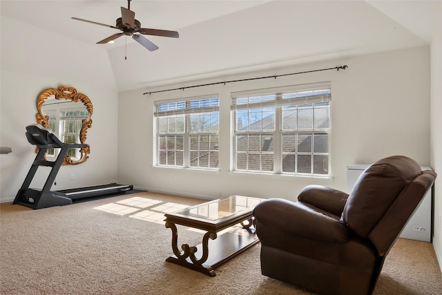 4211 Wilson Creek Trl, Prosper, TX 75078 - sitting room with carpet, lofted ceiling, ceiling fan, and baseboards