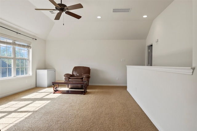 4211 Wilson Creek Trl, Prosper, TX 75078 - living area with lofted ceiling, carpet flooring, a ceiling fan, baseboards, and recessed lighting