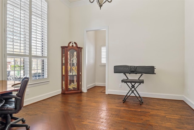 4211 Wilson Creek Trl, Prosper, TX 75078 - home office featuring wood finished floors, baseboards, crown molding, and a chandelier