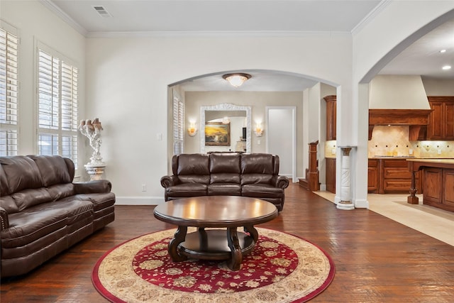 4211 Wilson Creek Trl, Prosper, TX 75078 - living area with wood finished floors, ornamental molding, arched walkways, and baseboards