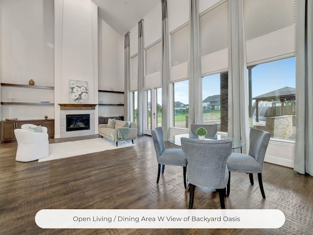 4603 Whitestone Dr, Parker, TX 75002 - dining room with high vaulted ceiling, healthy amount of natural light, a glass covered fireplace, and wood finished floors