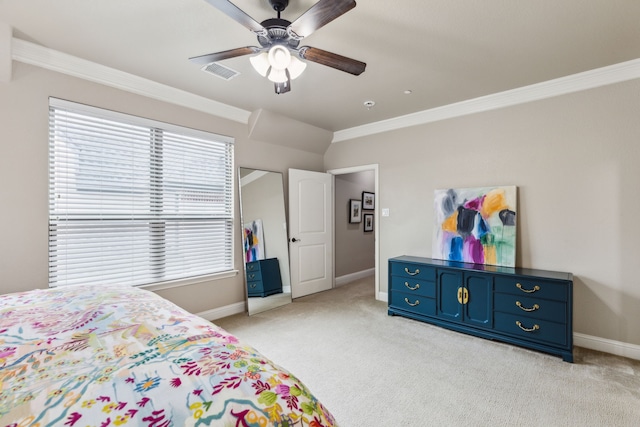 828 Lake Vista Pl, Coppell, TX 75019 - bedroom with crown molding, baseboards, light carpet, and a ceiling fan