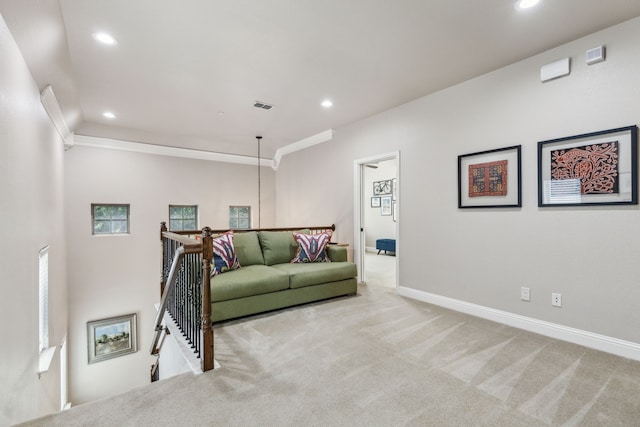 828 Lake Vista Pl, Coppell, TX 75019 - living area with carpet, recessed lighting, baseboards, and crown molding