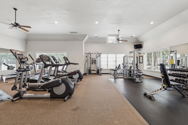 828 Lake Vista Pl, Coppell, TX 75019 - exercise room with a ceiling fan and recessed lighting