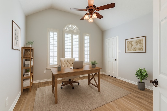 7491 Daffodil Way, Frisco, TX 75033 - office area featuring ceiling fan, light wood finished floors, vaulted ceiling, and baseboards